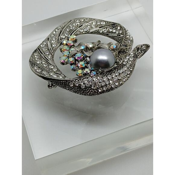 Gorgeous Vintage Estate Silver Grey Pearl Rhinestone Crystal AB Brooch - Picture 12 of 13